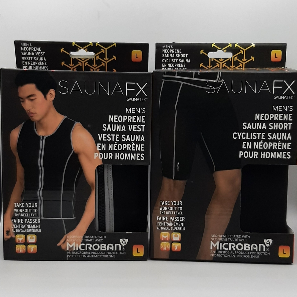 SaunaFX Men's Neoprene Sauna Vest & Sauna Short Large Workout Black Gray Trim